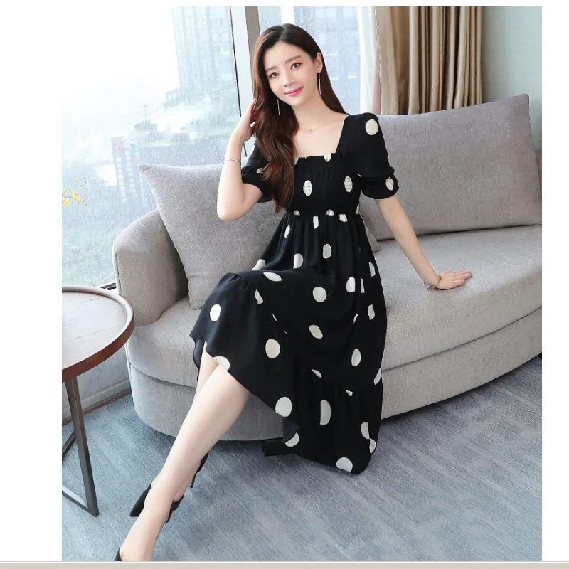 

fashion chiffon dress 2021 summer women dress new slim square collar elegant female temperament printed casual mid-length skirt