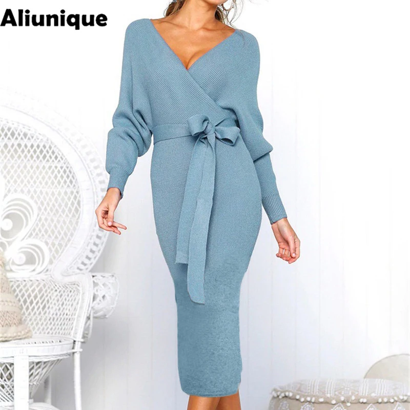 

Aliunique Women Sexy V-Neck Long-Sleeved Dress Autumn And Winter Knee-Length Dress Knitted Elastic Party Slim Dresses Ins N06