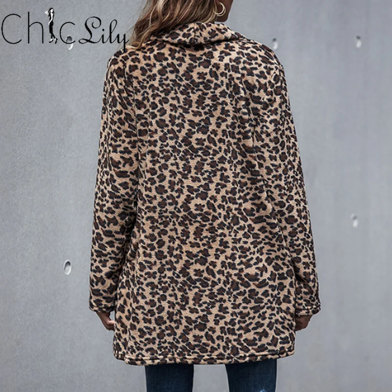 

Chiclily Women's Mid Length Leopard Printed Coat Turn-down Collar Casual Fashion Women's Coats Fur Jacket Autumn