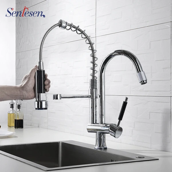 Хромированная отделка на бортике с одной ручкой кухонный пружинный смеситель