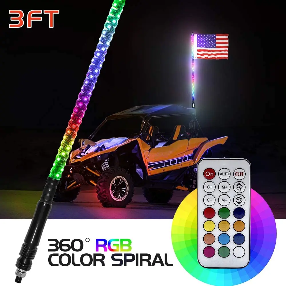 

3/4FT 12V LED Whip Light RGB IP67 Bendable Remote Control Multi-color Super Bright Flagpole Lamp Light+America Flag 30-45/35-55W