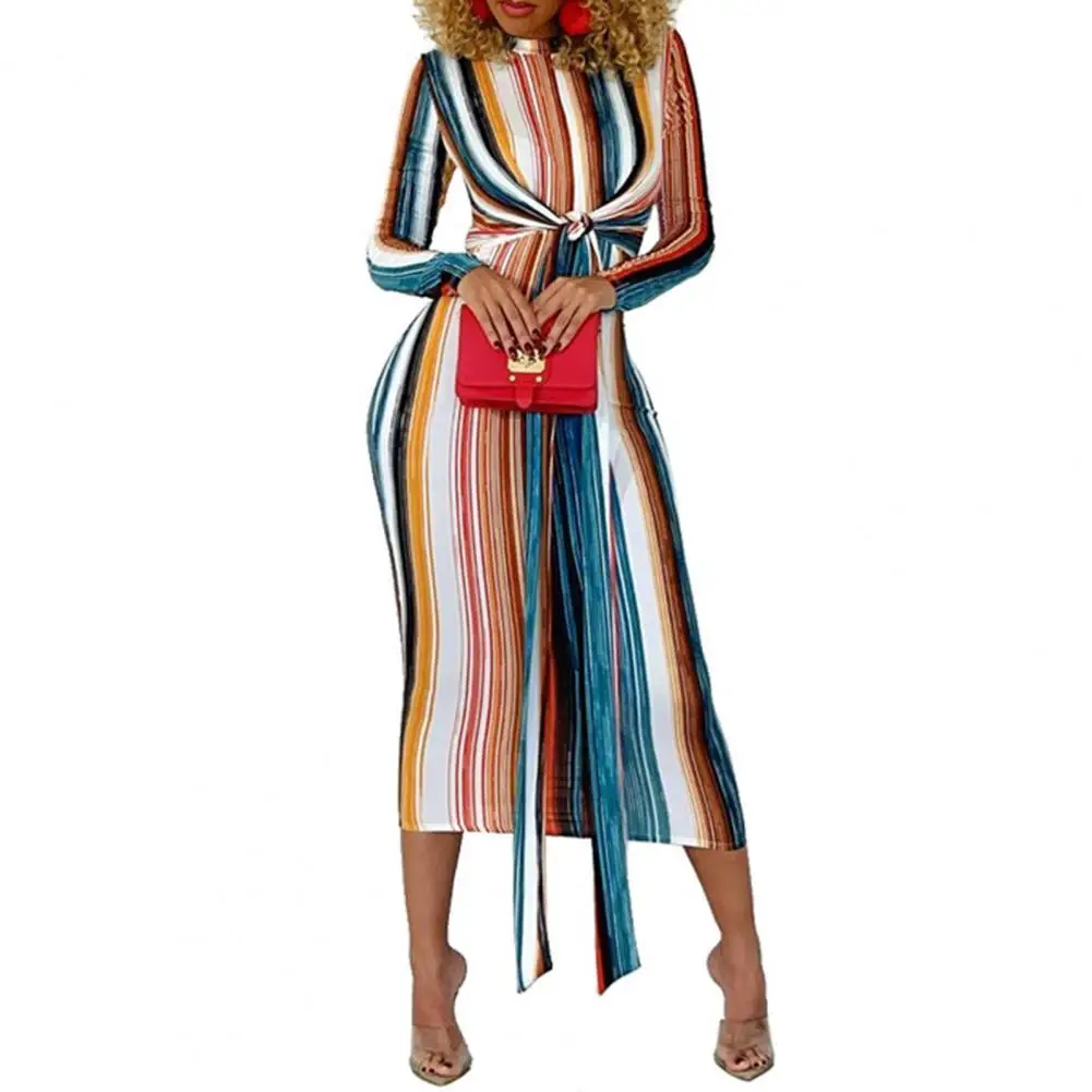 

Women Dress Slim Colorful Striped Slim Long Sleeve Lacing Long Sleeve Bodycon Midi Dress Streetwear Party