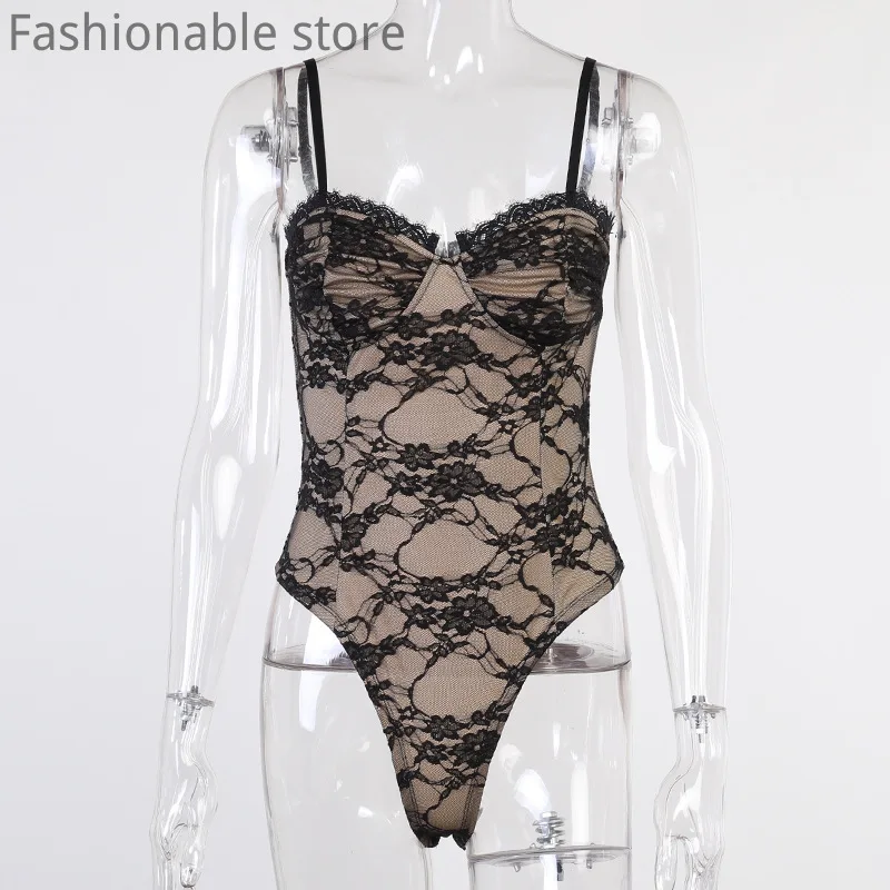 

Women Sexy Sleeveless Lace Bodysuit Skinny Hollow-Out Flower Halter Romper