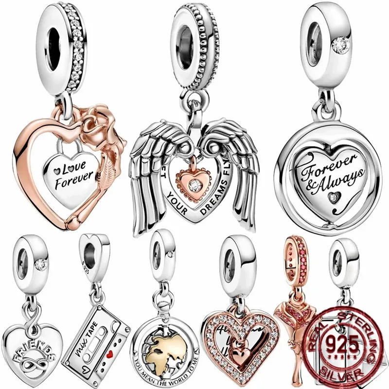 

2021 New 925 Sterling Silver Beads Angel Wings Hearts Rose Flowers Charms Fit Original Pandora Bracelet Women Jewelry DIY Gift