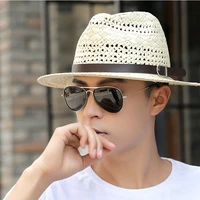 mens summer hat hollow wide brim hat sun hats belt decoration sun protection cap unisex panama hat top hat straw hat beach hat