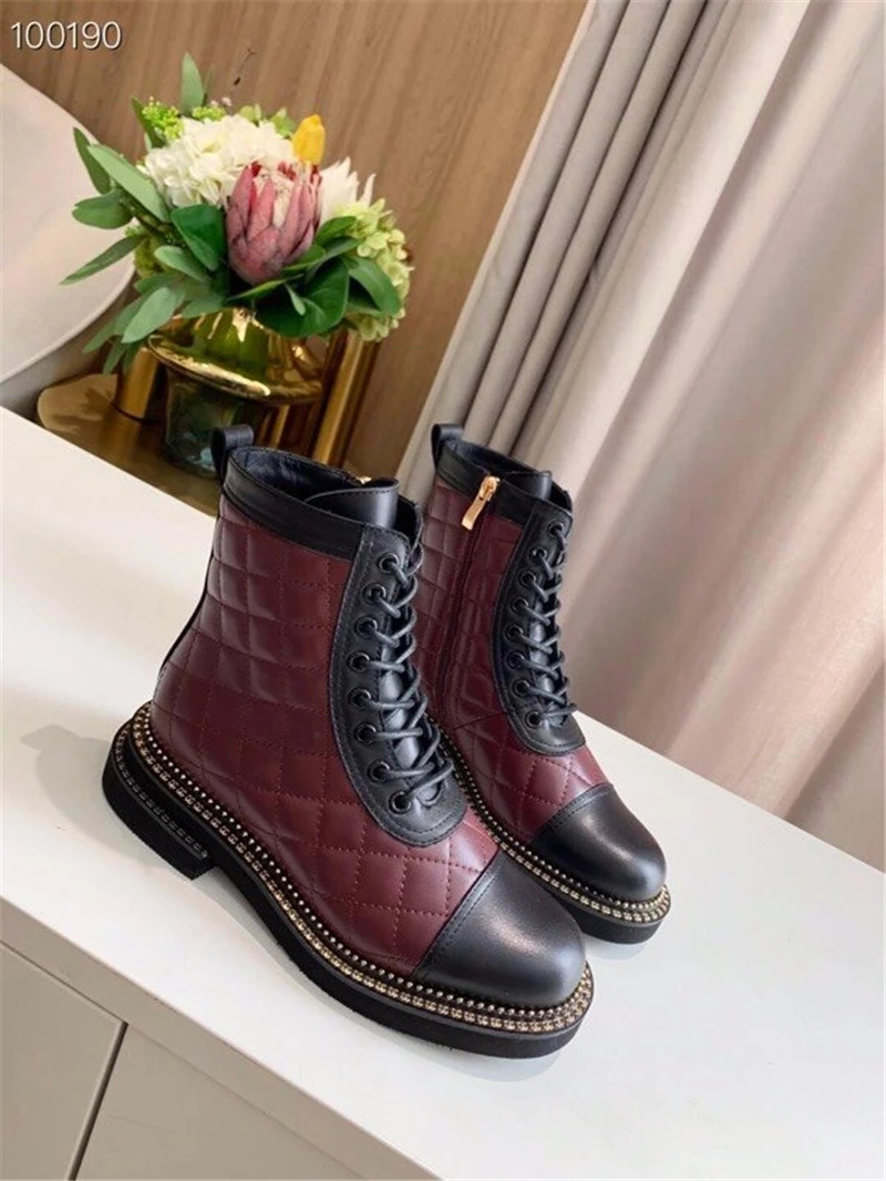 

Gneuien Leather Brand women Boots Mixed Color Lace Up Autumn Winter Boots Women Sexy Booties Sock Ankle Boots Combat Boots 2021