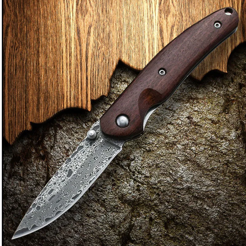 

Damascus Steel Wood Handle Folding Knife High Hardness Jungle Collection Tool Camping Tactical Edc Pocket Utility Jack Knife