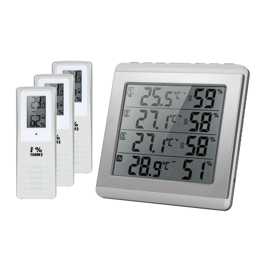 

Weather Station LCD Digital Temperature Humidity Meter Four-channel Thermometer Hygrometer Indoor Outdoor Weather Wireless Clock