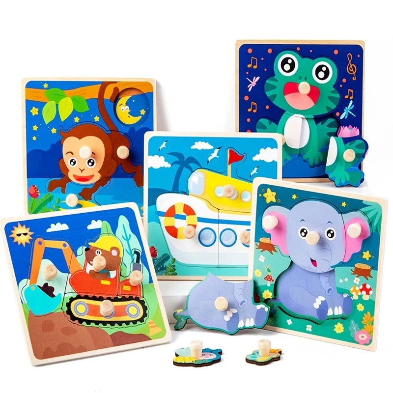 Лидер продаж детская деревянная игрушка-пазл с ручками Мультяшные животные пазл