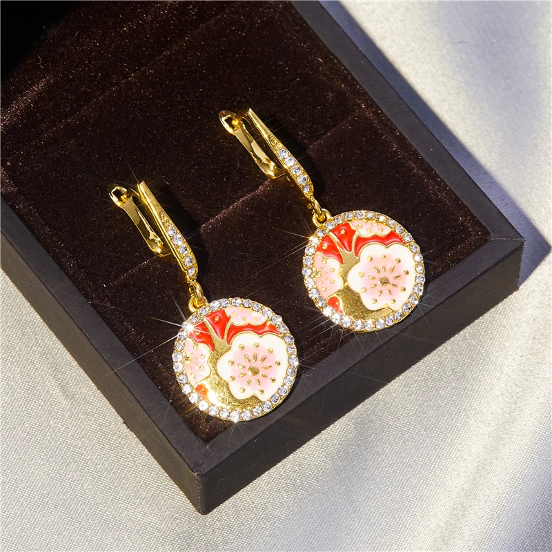 

New fashion exquisite round cherry blossom flower zircon earrings female noble temperament romantic charm accessory gift
