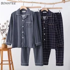 Пижамный комплект мужской, однобортный клетчатый пижамный комплект из двух предметов, с отложным воротником, длинным рукавом, хлопковая мешковатая повседневная одежда для отдыха в стиле оверсайз 3XL