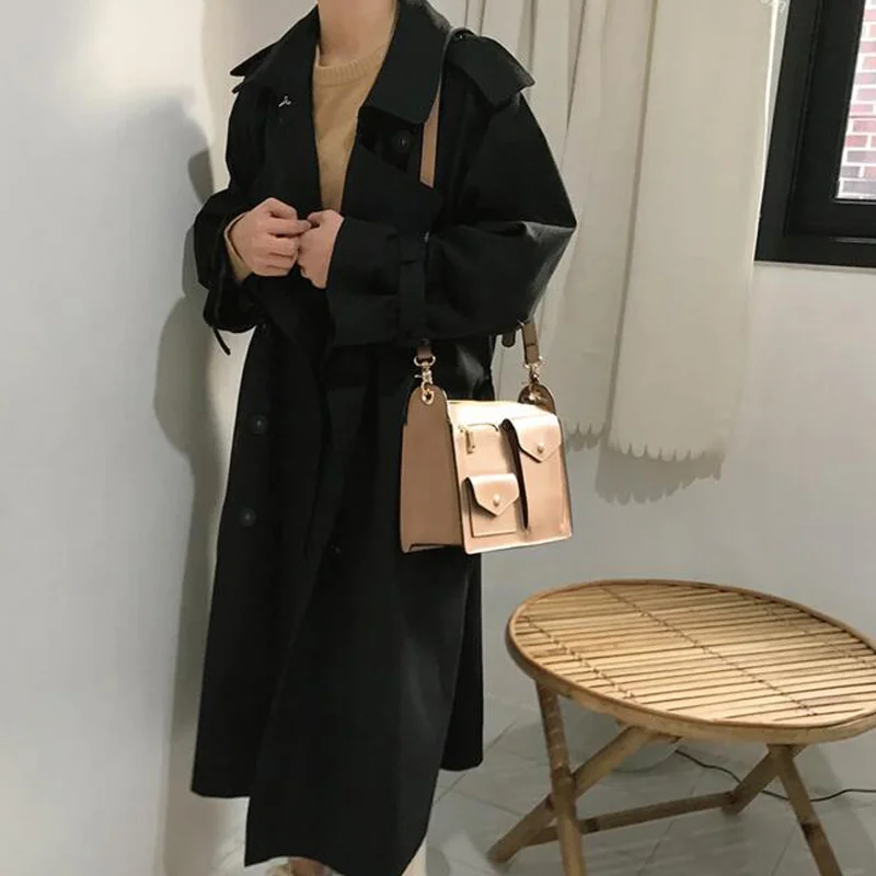 Женский Осенний двубортный длинный плащ с длинным рукавом Женская прямая