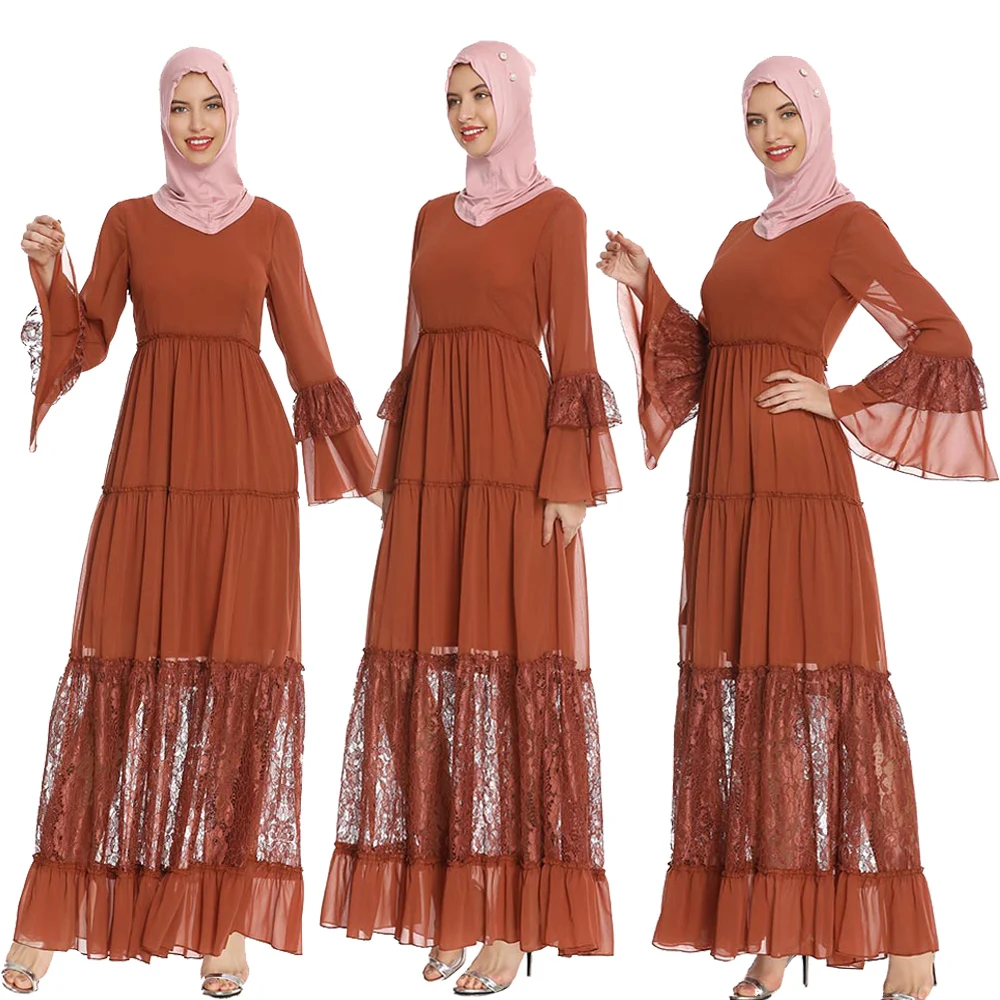 Кружевное мусульманское женское Макси Платье с расклешенными рукавами Abaya Дубай