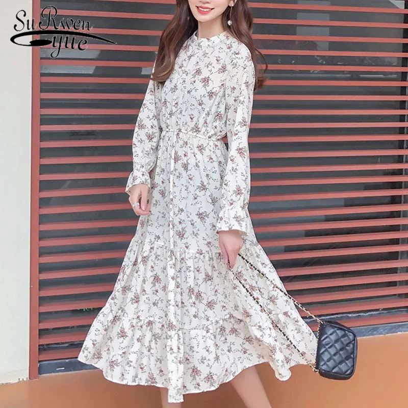 Women dress Flare Sleeve white and black dresses 2020 elegant Print A-Line Stand collar Spring chiffon 3275 50 | Женская одежда