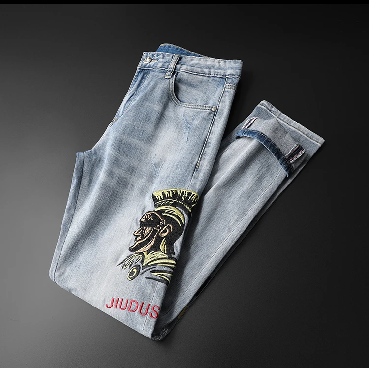 

Mens Embroidery Straight Jeans Casual Denim Pants Fashion Business Blue Stretch Jeans Homme Brand 2021 Clothes Biker Jeans