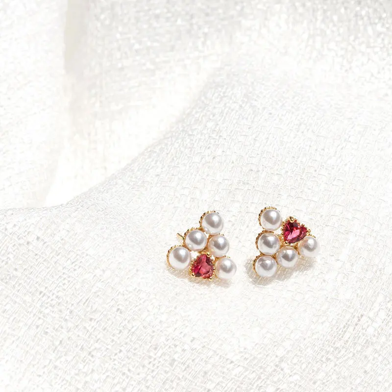 

S925 sterling silver pearl red zircon geometric shape earrings temperament retro fashion trend earrings