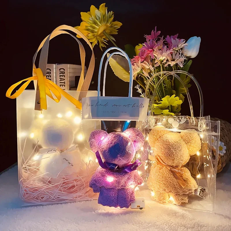 

1set Creative Bear Hand Towel and Bag with String Lights Absorbent Face Washing Washcloth Party Wedding Holiday Gifts