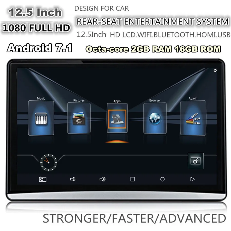 Монитор HD1080P на подголовник заднего сиденья 12 5 дюйма Android 7 1 2 + 16 ГБ Wi Fi BT