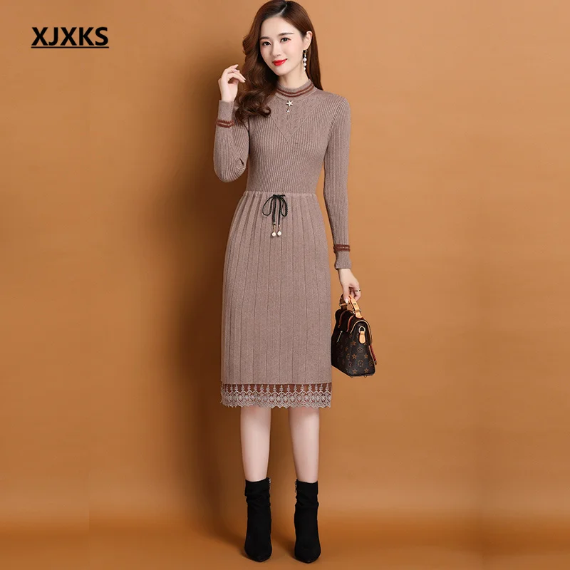 XJXKS 2021 autumn winter new splicing lace dress women pullover high-end wool knitted long sweater women dress