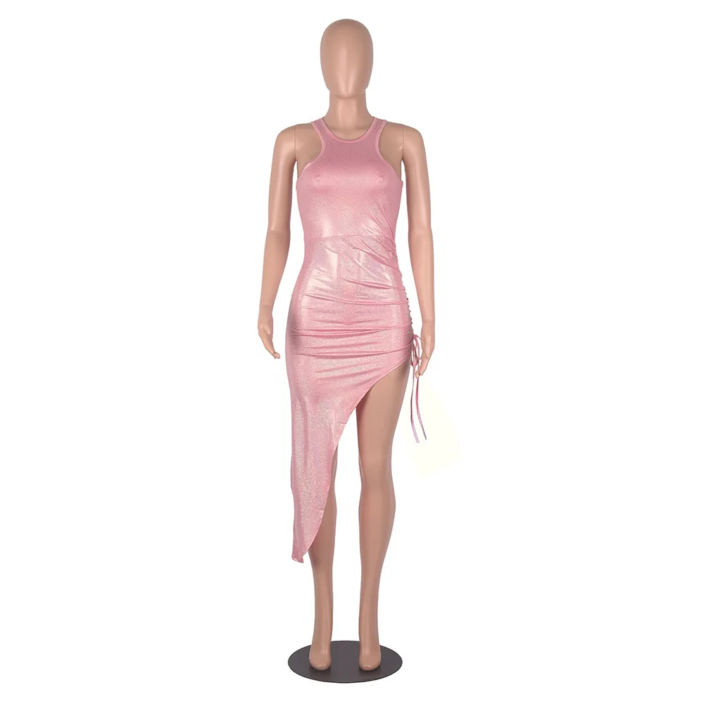 

Shiny Neon Color Ruched Drawstring Party Club Vestidos Woman Sleeveless Side High Split Robe Femme Sexy Irreguar Bandage Dresses