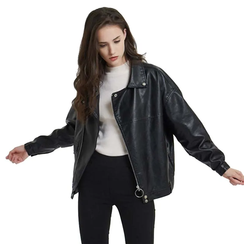 Boyfriend Style Black Faux Leather Biker Jacket for Women Cute Ladies Punk Rock Raglan Sleeve Slant Zipper PU Leather Jacket