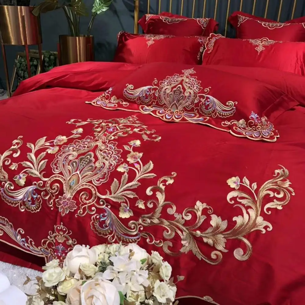 

4/6Pcs Embroidery Cotton Blue Bedding Set Luxury Rayal Palace Bed Linen Euro Duvet Cover Set Bedspread