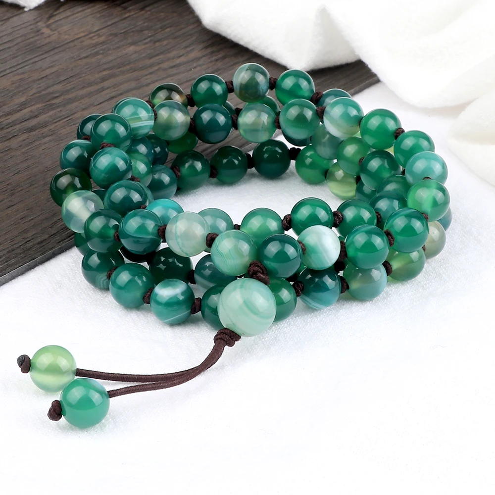 Многослойный браслет с агатом в зеленую полоску 8 мм 80 бусин эластичное ожерелье