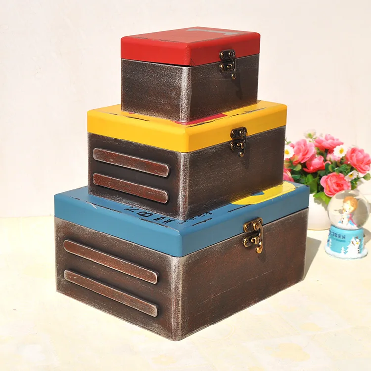 

3 Pcs Sets American Country Digital Wooden Storage Boxes with Lock Distressed Retro Solid Wood Organization Box Creative Home