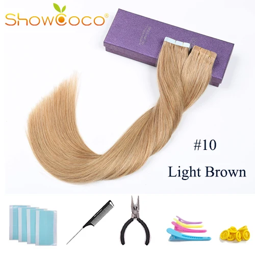 Color10 -40 Pcs ShowCoco лента в Пряди человеческих волос для наращивания натурального волос 20/40 шт, смешанные цвета, Цвет горячие головы для наращивания блеск коричневого до блондинка ленточных накопителей - Цвет: Color10 -40 Pcs