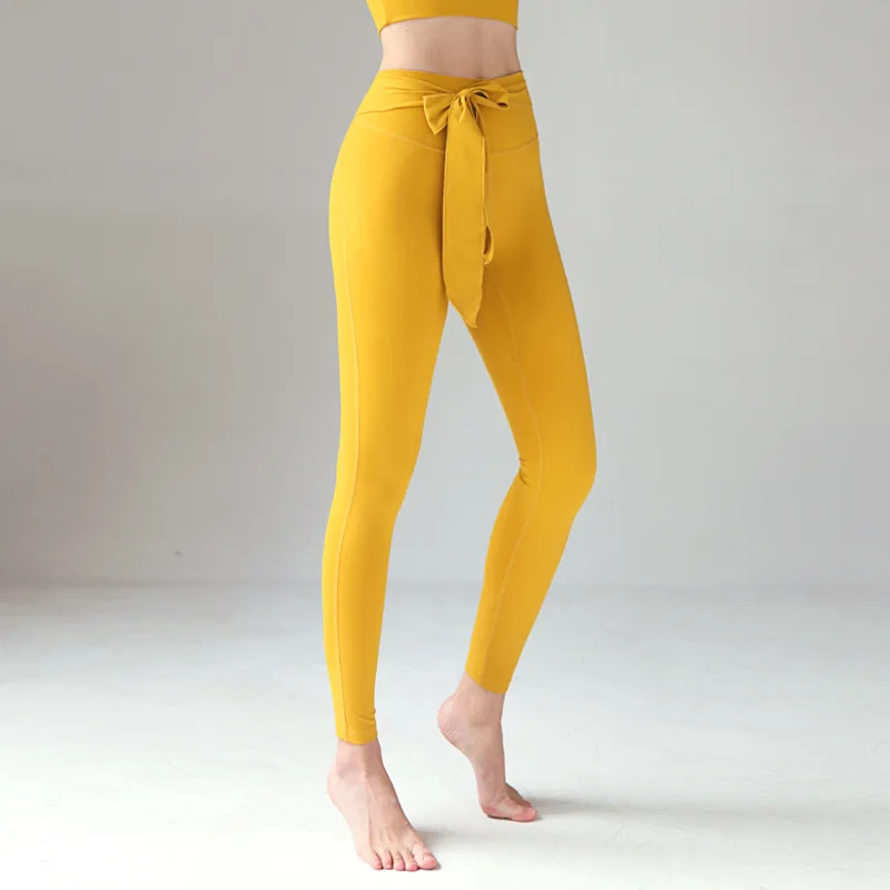 

Нейлоновые женские штаны для йоги с бантом, персиковые, с высокой талией, эластичная верхняя одежда, спортивные колготки для фитнеса