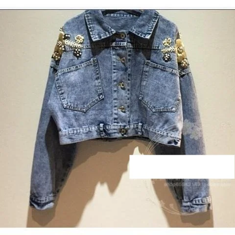 

Spring Autumn Women Korean Fashion Beading Embroidery Denim Jacket Short Single-breasted Turndown Collar Jean Coat 2021 Y395