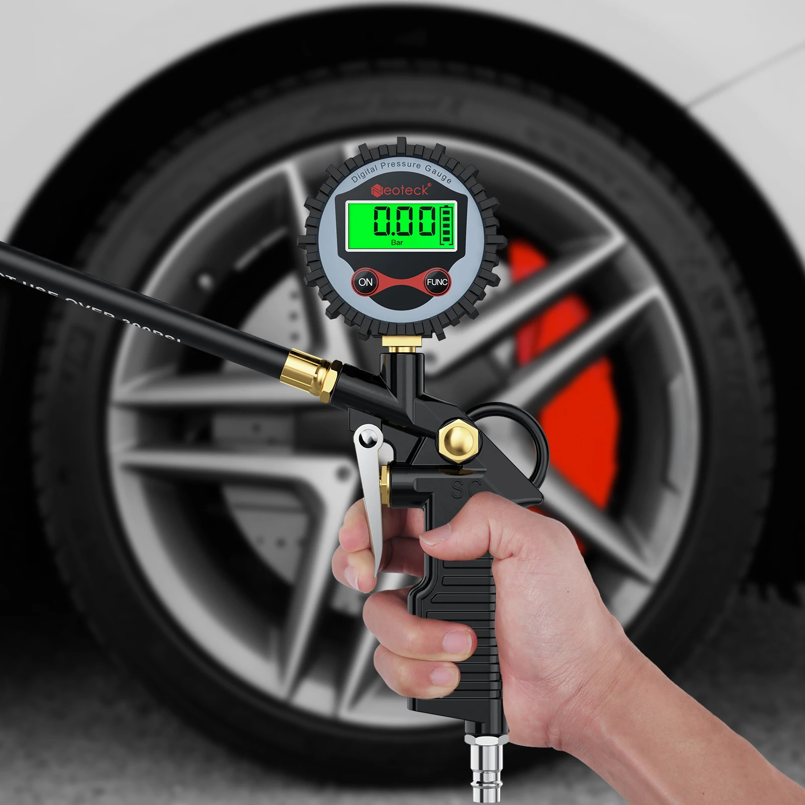 LCD Digital Car Tire Pressure Gauge LED Backlight Automotive Tester Tire Inflation Gauge Control 200 PSI with 5 Black Valve Caps
