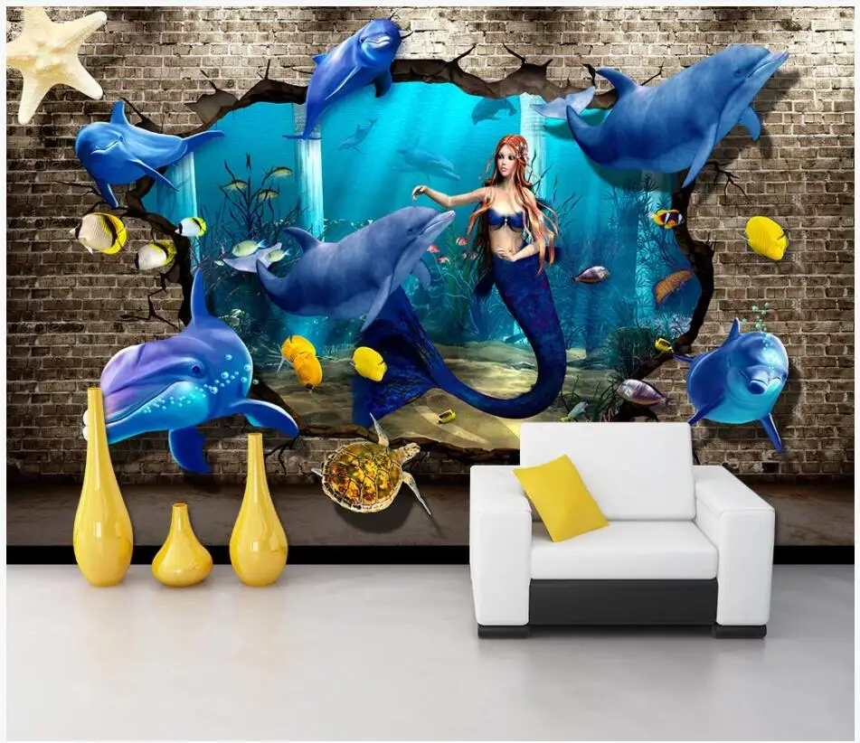 

3d photo wallpaper custom mural Underwater World Dolphin Turtle Mermaid decor living room 3d wall murals wallpaper for walls 3 d