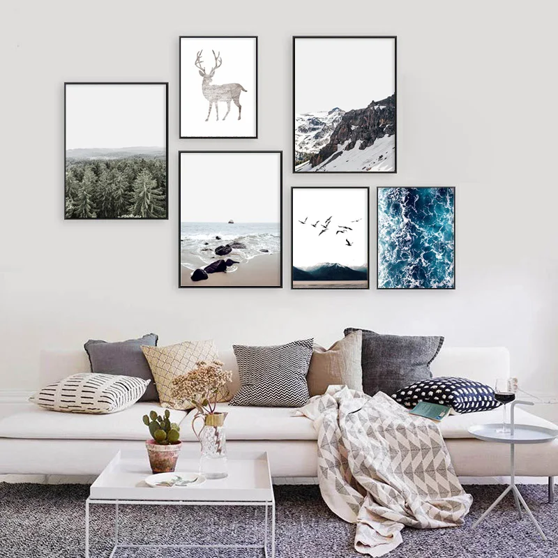 Океанский пейзаж парусиновый постер Скандинавское украшение пляжный лес