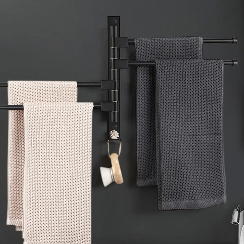 Barra de toalla giratoria de 2/3/4 brazos con ganchos para toallas, colgador oscilante de baño negro, soporte para toallero, ahorro de espacio, montaje en pared