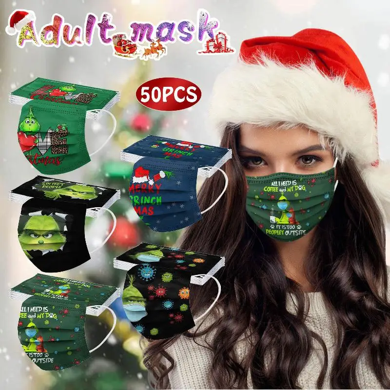 

50Pcs Adult Cartoon Christmas Mask Disposable Three-layer Printed Protective Mask Mascaras Mascarillas Mask Fabric Fast Delivery
