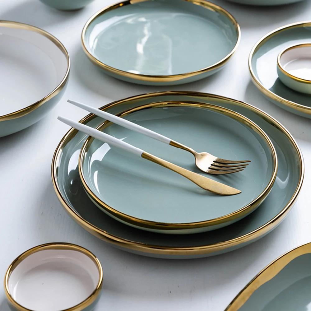 MDZF SWEETHOME 10inch Nordic Gold Border Serving Plate Steak Western Food Large Pasta Dinner Salad Dessert Tableware | Дом и сад