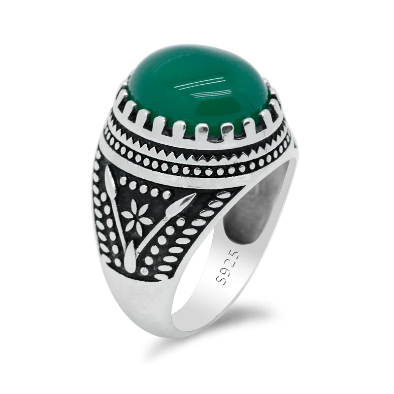 

Мужское кольцо из настоящего серебра 925 пробы с круглым натуральным зеленым агатом, мужские кольца из турецкого тайское серебро ручной рабо...