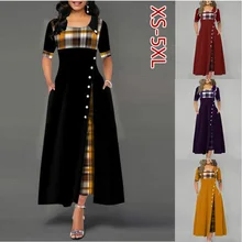 Robe luxueuse à carreaux pour femmes, manches mi longues, imprimé, boutons, détail, grande taille, Maxi, robe de soirée  (3)