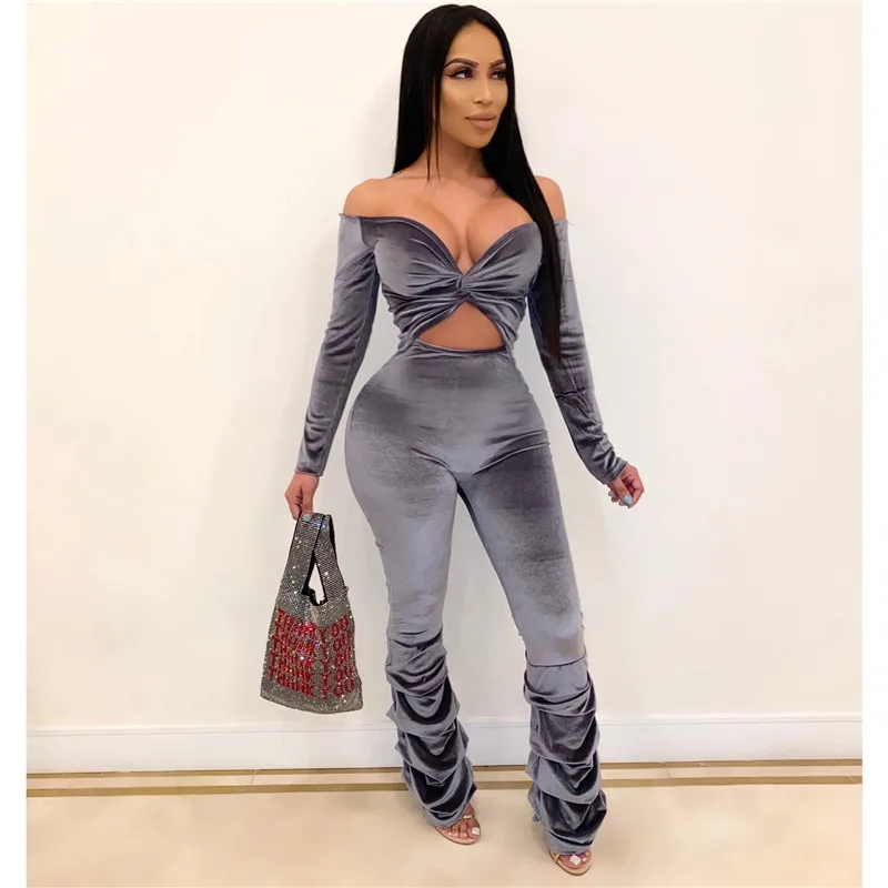 

Women Long Velvet Jumpsuit Off Shoulder Jumpsuit Women Elegant Solid Deep V-neck Rompers Autumn Winter Hollow Long Romper Pants