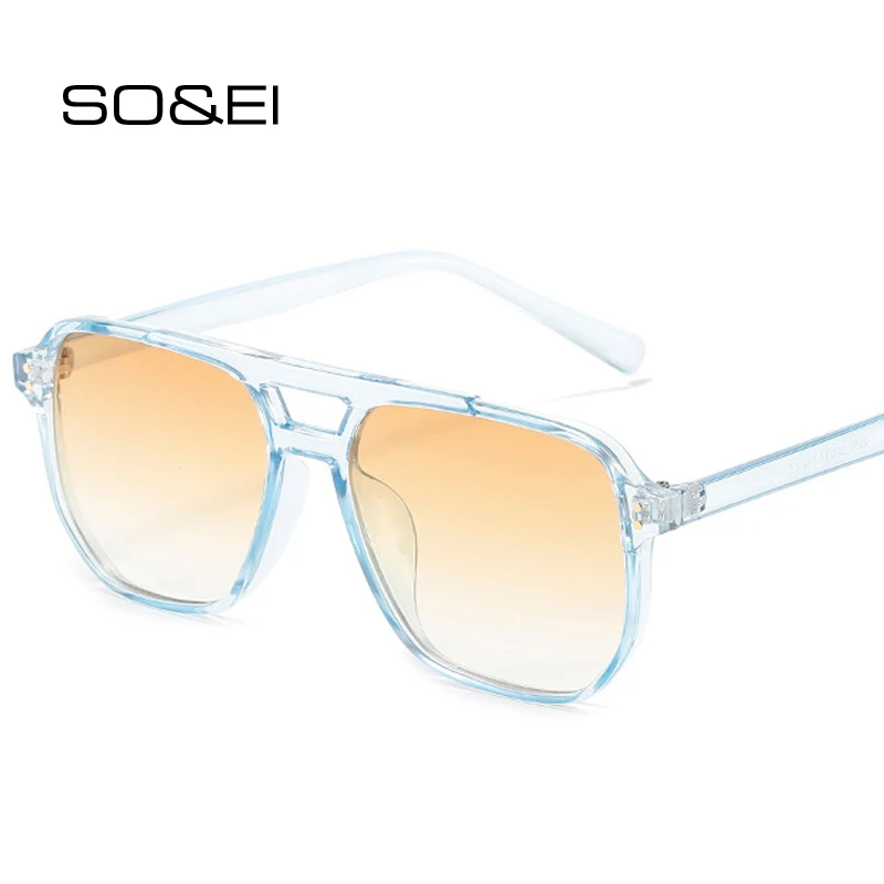 

SO&EI Retro Double Bridges Square Women Sunglasses Fashion Brand Designer Blue Orange Gradient Shades UV400 Men Sun Glasses