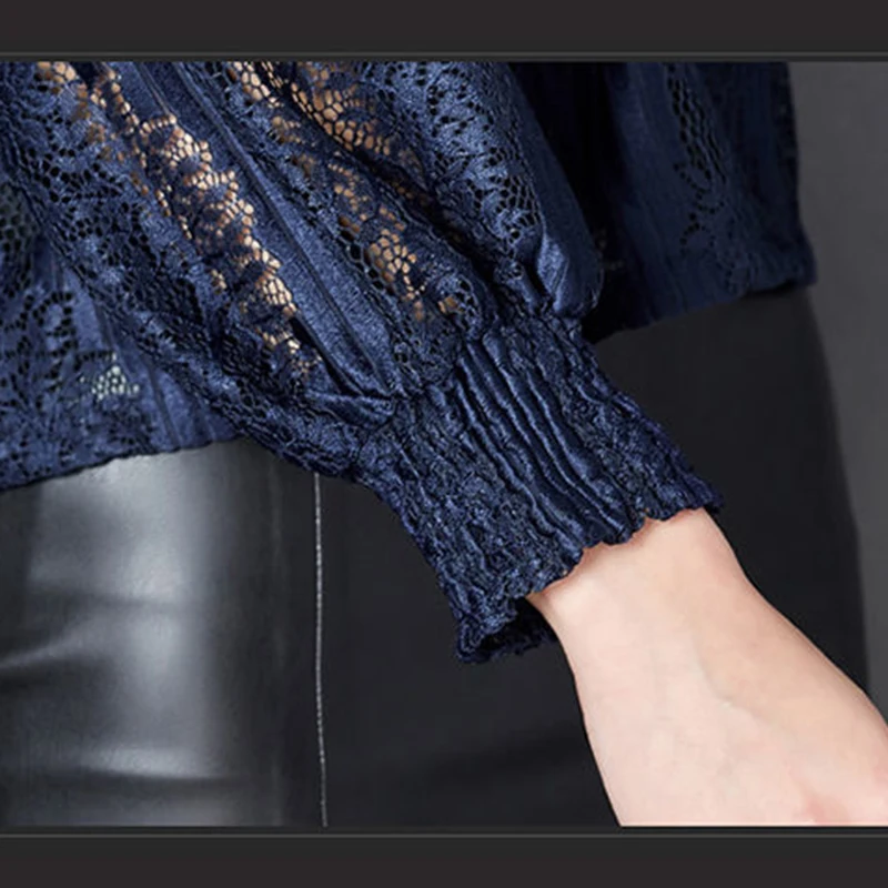 

Women Lace Hollow Out Blouse Loose Bottoming Shirt Spring Autumn 2020 Plus Size Splicing Lace Stand Collar Tops Feminine Blusa