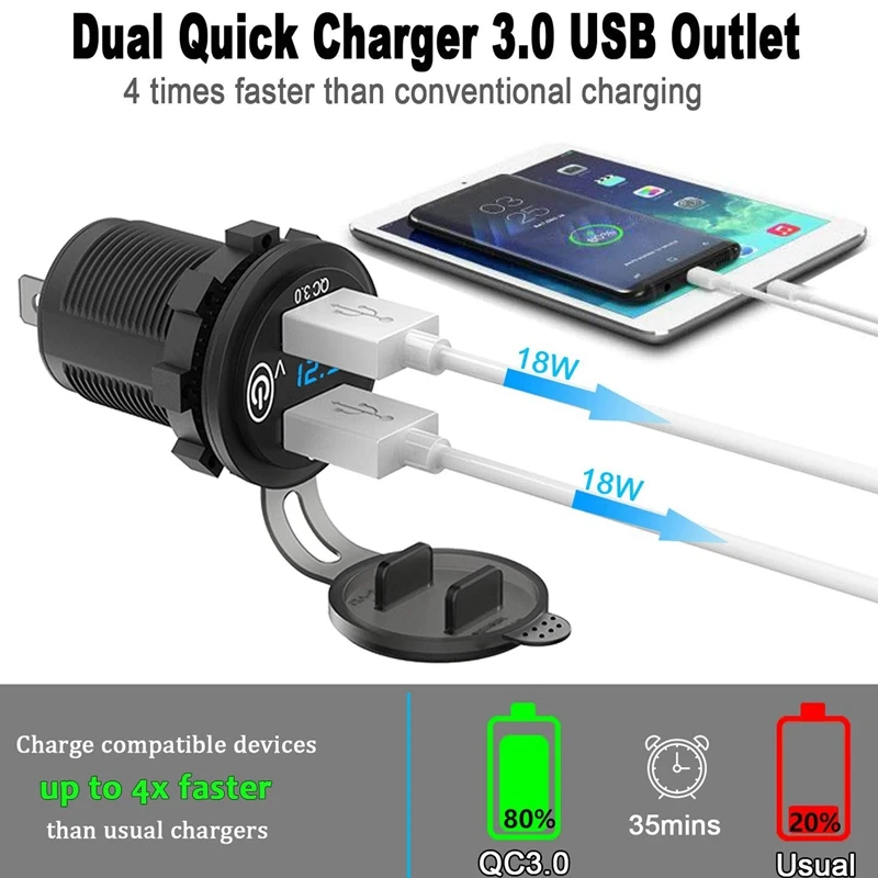 

2Pack 12V USB Outlet, QC 3.0 Dual USB Car Charger with Press Switch and Voltmeter for 12V/24V Motorcycle Car Bus Truck