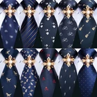 Комплект из галстука и броши, шелковые, темно-синие, 8,5 см