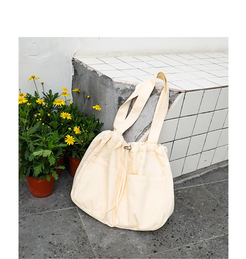 

New Fashion Simple Drawstring Drawstring Tote Bag Casual Large Capacity Washed Canvas Bag Net Red Art Pure Color Shoulder Bag