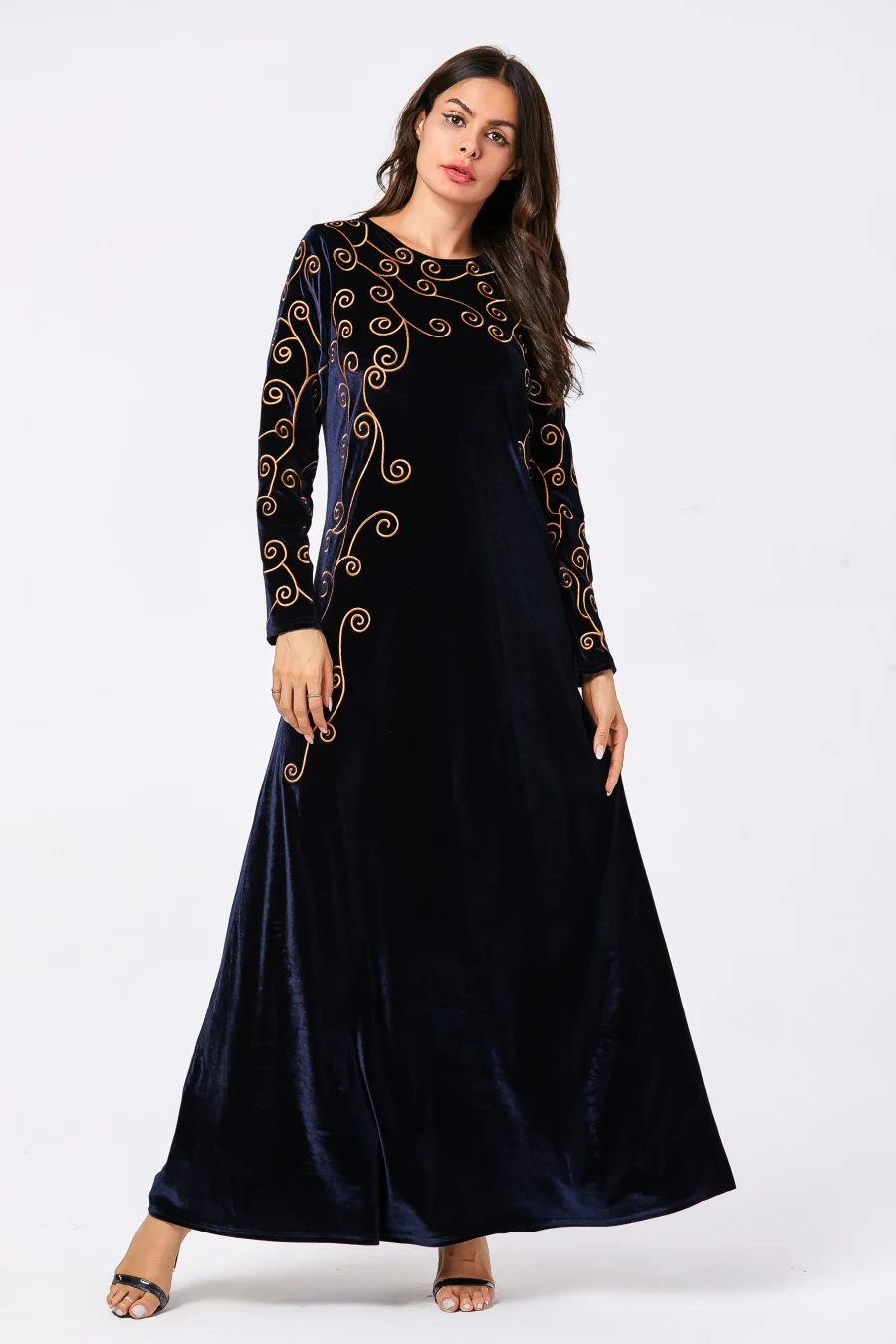 Siskakia вельветовое длинное платье Элегантное этническое с вышивкой длинный рукав качели мусульманские платья зеленые повседневные размера плюс Осенняя зимняя одежда