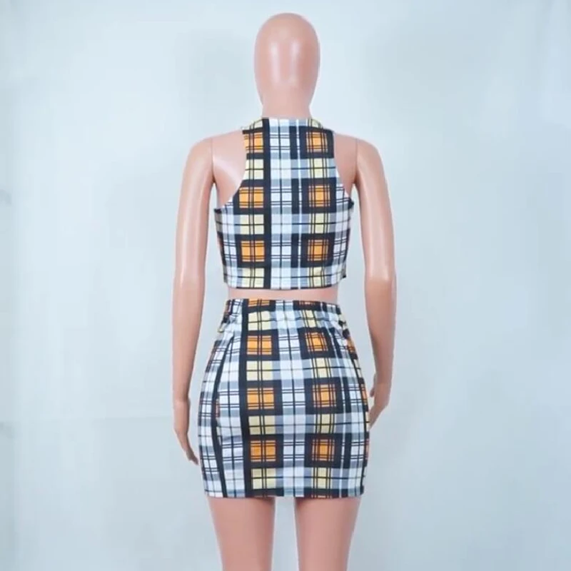 

2 Piece Set Sexy Suits Plaid Print Womens Summer Matching Sets Club Outfits Crop Top and Skirt Short Suit Female Two Piece Set