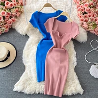 summer solid sexy knit midi dress women blue square collar short sleeve package hip bodycon dress female robe vestidos