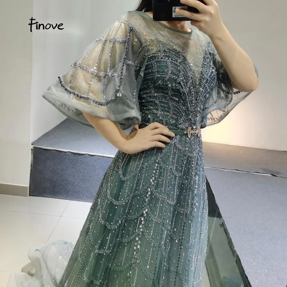 2021 Finove Luxury Beading Evening Dresses Elegant Short Sleeves O-Neck Formal dress A-line Princess party gown | Свадьбы и