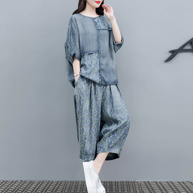 

Two 2 Piece Outfits Women Summer Top and Pants Set Korean Female Jeans Suits Clothes Pullover T-shirt Shorts Pants Plus Size